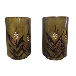 Vintage Otagiri Pottery Glazed Juice‎ Sake Shot Cups Wheat Green Print Set of 2